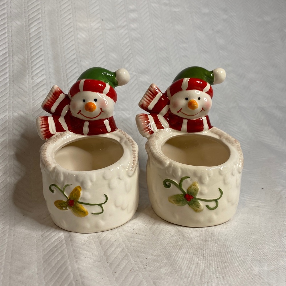 Pair of snowmen Christmas votive candle holder.